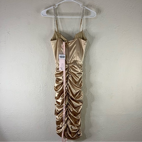 Oh Polly Embellish The Moment Ruched Satin Metallic Knee Length Dress in Gold - Picture 9 of 15